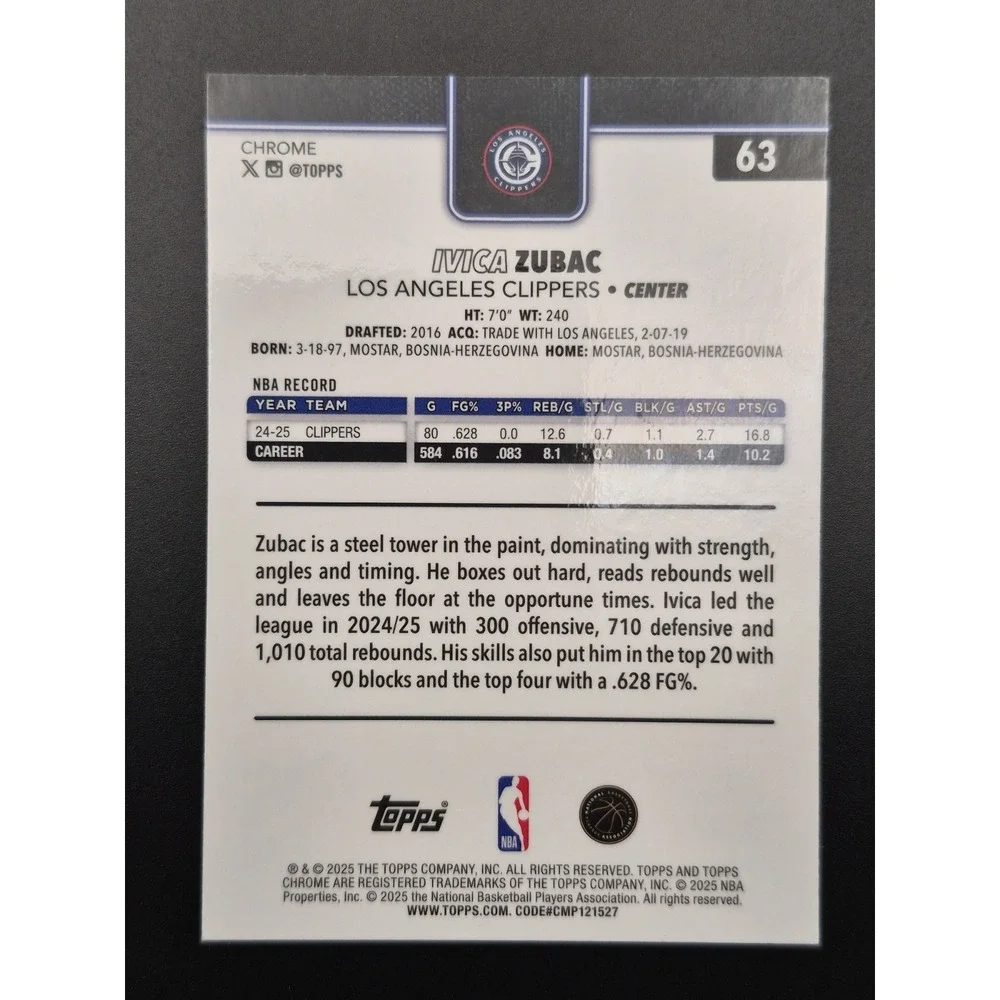 2025-26 Topps Chrome Ivica Zubac #63 Aqua Raywave Refractor /199 L.A.‎ Clippers